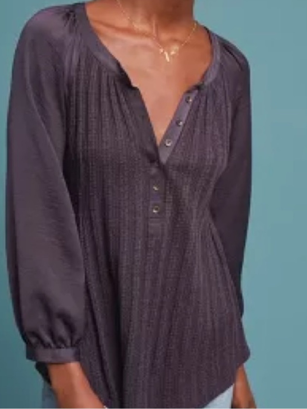 Meadow Rue Anthropologie Eggplant Henley Top Satin Sleeves Knit Body Size Medium